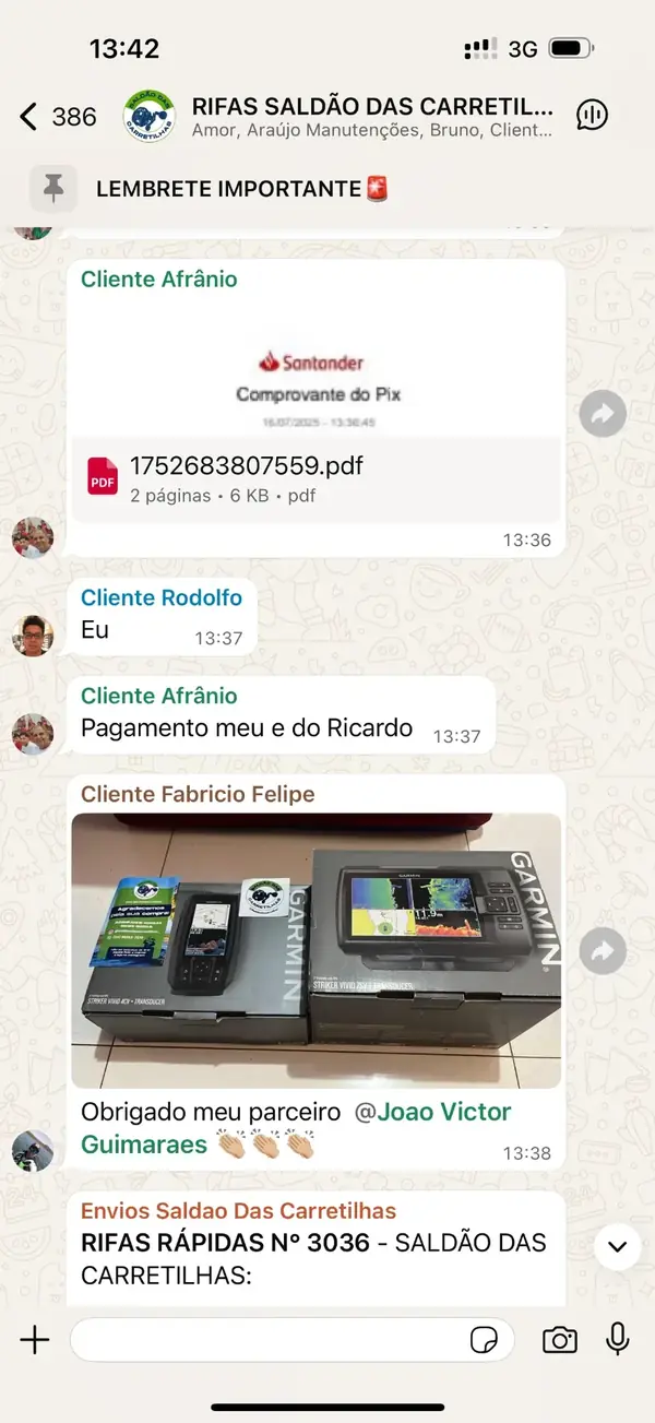 Feedback do cliente Fabricio Felipe no grupo: sonares Garmin Striker recebidos