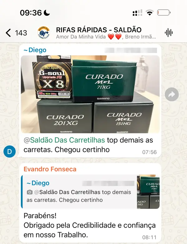 Feedback do cliente Diego no grupo: carretilhas Shimano Curado e linha G-soul recebidas