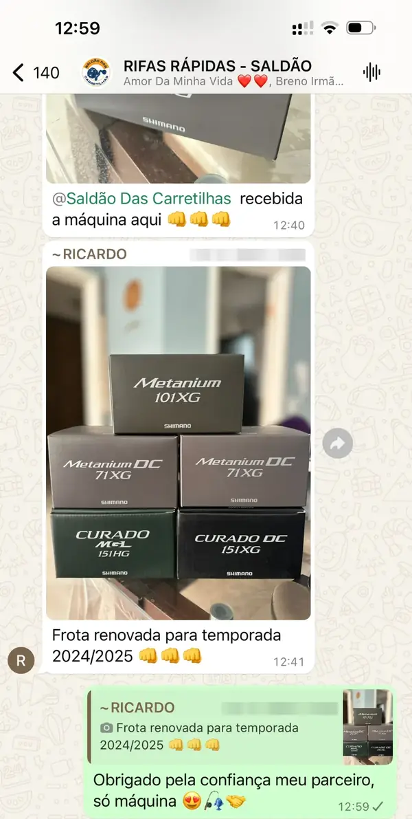 Feedback do cliente Ricardo no grupo: caixas de carretilhas Shimano Metanium e Curado recebidas