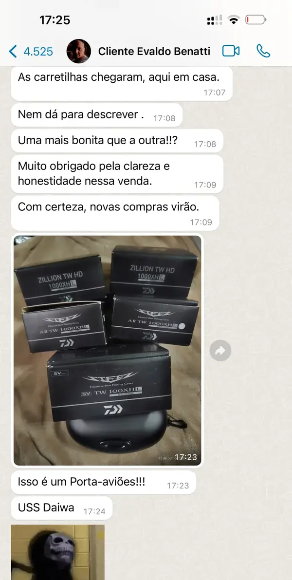 Feedback do cliente Evaldo no grupo: carretilhas Daiwa Zillion e Steez recebidas em casa