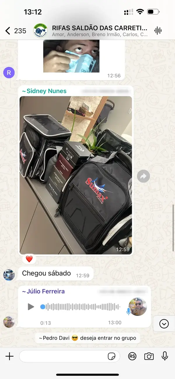 Feedback do cliente Sidney no grupo: bolsas Sumax e carretilhas recebidas