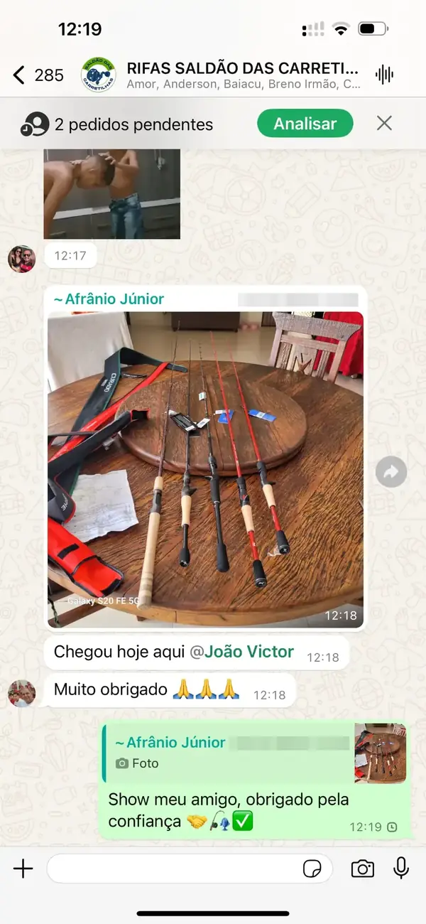 Feedback do cliente Afrânio no grupo: varas recebidas, agradecendo ao João Victor